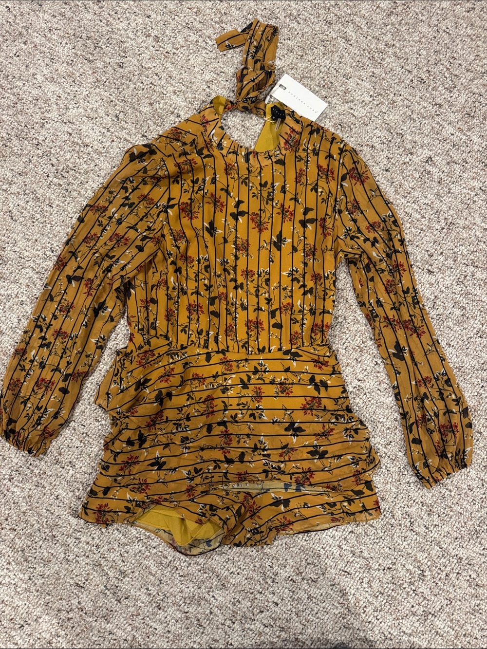 Endless Rose Mustard Floral Romper with Black Stripe Detail